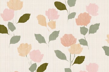 Vintage floral pattern with pastel roses and green leaves on textured background