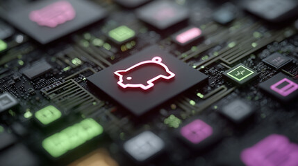 digital circuit patterns with a money banks in the center, tech-inspired.