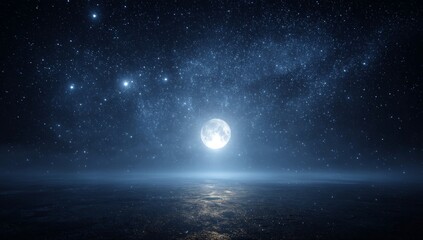 Obraz premium Full Moon Over Dark Blue Ocean with Starry Night Sky