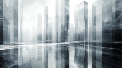 Monochromatic architectural abstraction with translucent structures reflecting space
