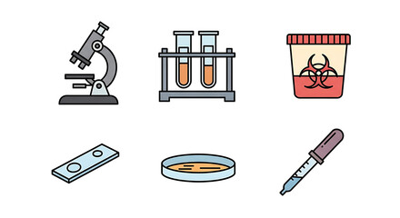 Science Lab Equipment Icons Microscope, Test Tubes, Petri Dish, Pipette, Biohazard Container