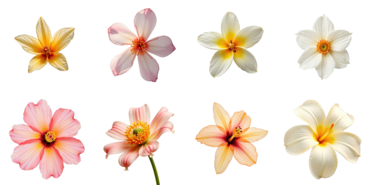 variety of colorful flowers arranged in a grid pattern displaying intricate details and textures isolated on transparent background