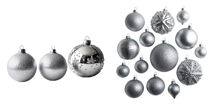 Exquisite collection of silver Christmas ornaments featuring various designs and textures, all elegantly arranged on a transparent background for festive decoration.
