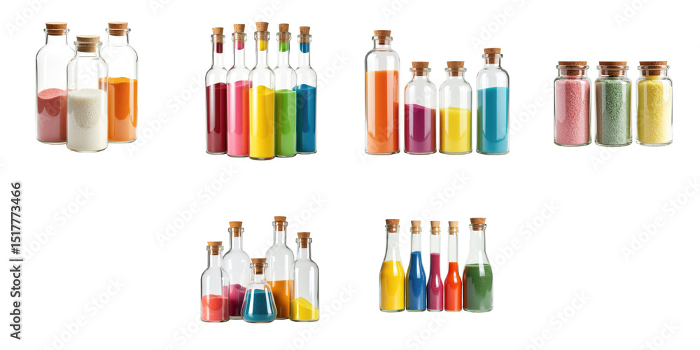 Poster glass bottles filled with colorful sands in various shades arranged on a transparent background show