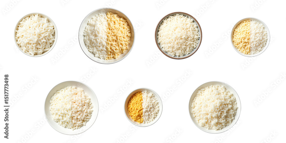 Poster flatlay composition displaying bowls of cooked and uncooked konjac porang rice grains featuring cont