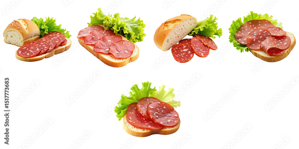 Poster bologna slices with fresh lettuce on various bread types isolated on transparent background arranged