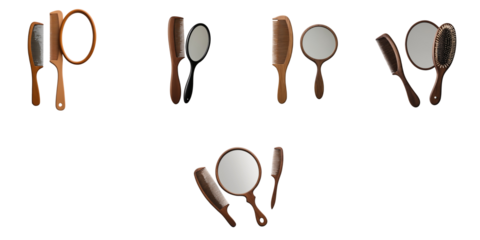 Collection of various hair combs and mirrors arranged on a transparent background exhibiting diverse shapes and designs highlighting their ergonomic handles and reflective surfaces