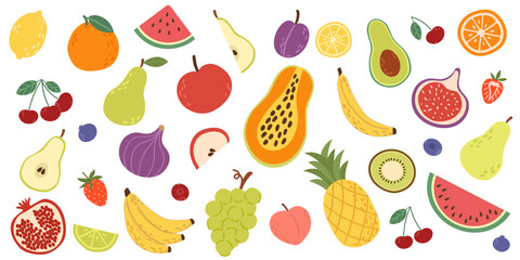 Fruits and berries icon set. Strawberry, peach, apple, raspberry, pear, banana, orange