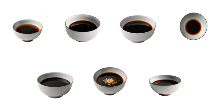 Collection of varying white bowls filled with soy sauce, displayed from multiple angles, isolated on a transparent background for culinary and food presentation use.