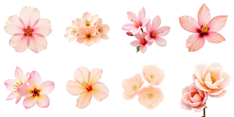 Collection of eight close-up pink blossoms including peach blossoms and other varieties on a transparent background isolated for botanical and floral design use