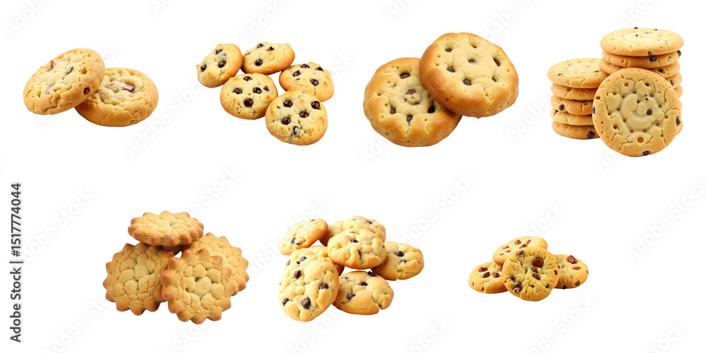 Poster assorted freshly baked cookies of various shapes and sizes displayed on a transparent background inc