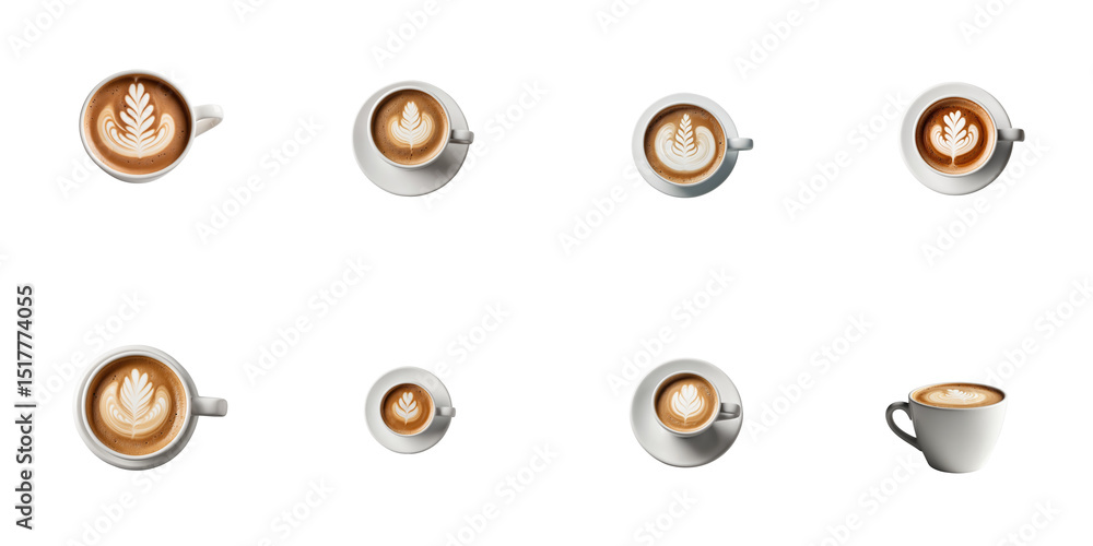 Aufkleber collection of coffee latte cups in various angles featuring intricate foam art designs each cup isol