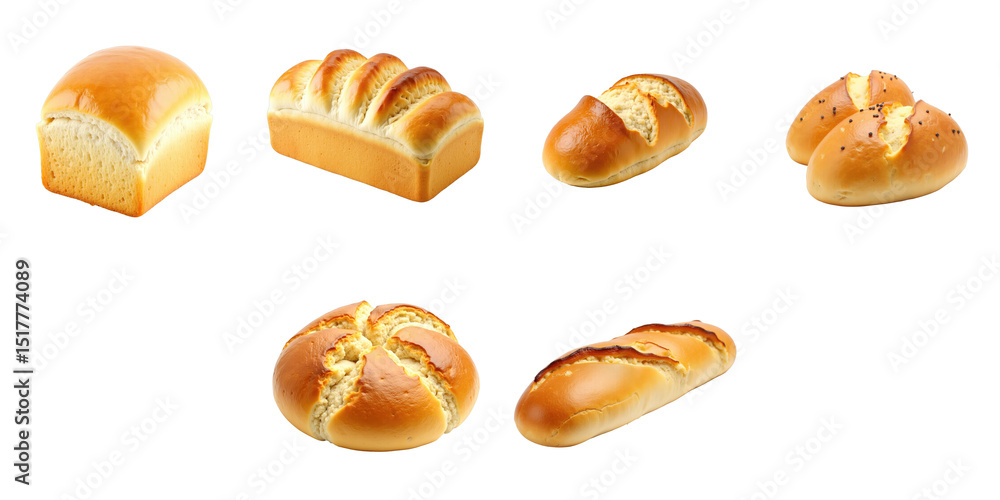 Poster assorted breads including a loaf a sliced loaf and rolls displayed isolated on a transparent backgro