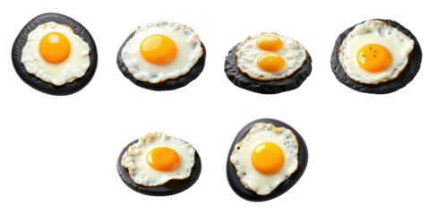 Fried eggs on transparent stone surface arranged in various styles displaying different yolk sizes isolated on transparent background with healthy food concept