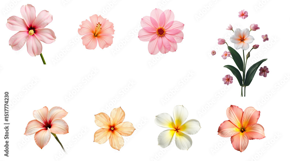 Poster collection of various tropical flowers isolated on transparent background featuring multiple colors 