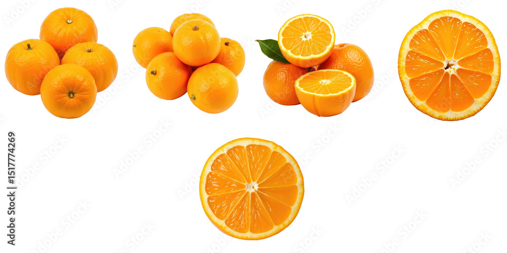 Poster fresh whole and sliced oranges displayed on a transparent background featuring multiple whole orange