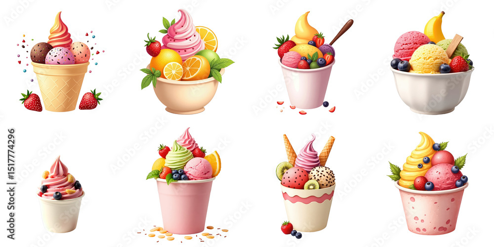 Aufkleber collection of various fruit-flavored ice creams in cones and cups with different toppings and garnis