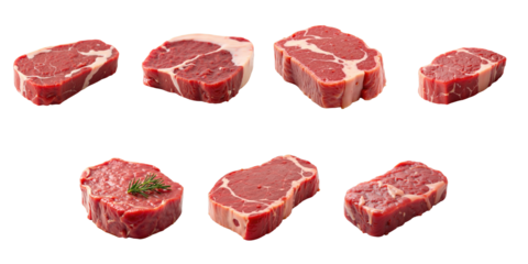 Variety of raw beef fillet steak cuts displayed on a transparent background featuring different angles and thicknesses with one piece garnished with a sprig of herb