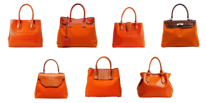 Collection of eight fashion handbags featuring various styles in orange velvet and crocodile leather with trapezoid shapes isolated on a transparent background