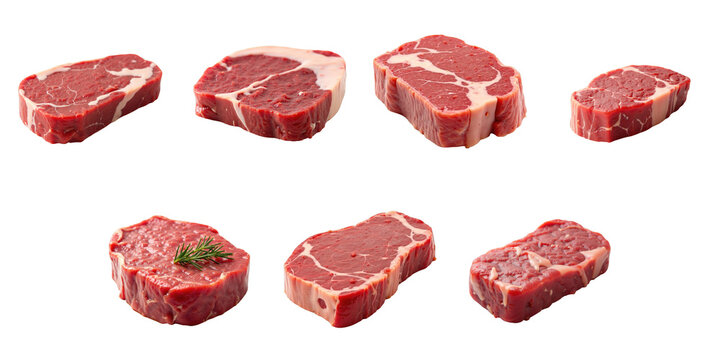 Variety of raw beef fillet steak cuts displayed on a transparent background featuring different angles and thicknesses with one piece garnished with a sprig of herb