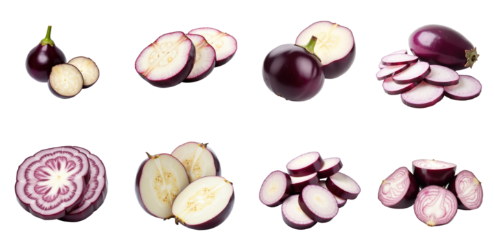Freshly sliced purple brinjal varieties including whole, cross-section, and sliced pieces on transparent background showcasing diverse shapes and textures