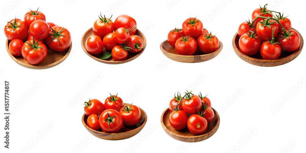 Aufkleber fresh red tomatoes displayed in various wooden bowls on a transparent background, showcasing multipl