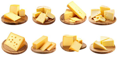 Variety of French cheeses displayed on wooden boards with different shapes and cuts on transparent background for culinary and food styling applications.