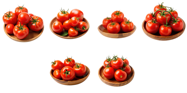 Fresh red tomatoes displayed in various wooden bowls on a transparent background, showcasing multiple angles and arrangements for visual appeal and versatility.