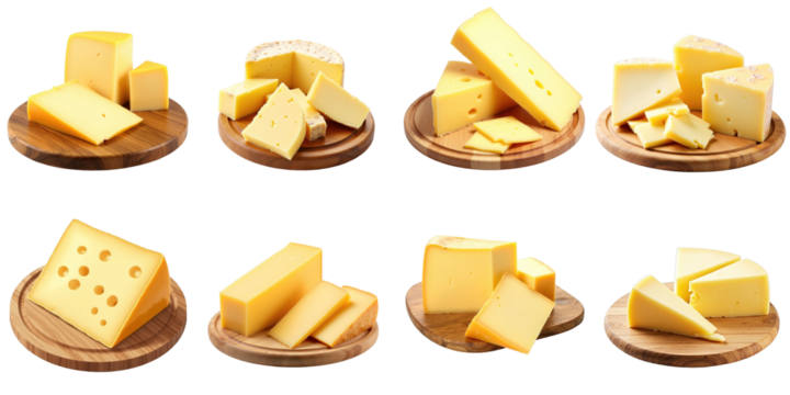 Variety of French cheeses displayed on wooden boards with different shapes and cuts on transparent background for culinary and food styling applications.