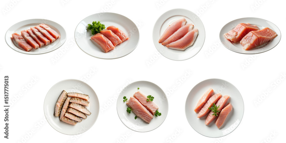 Poster raw sliced mackerel fish arranged on multiple white plates over a transparent background showcasing 