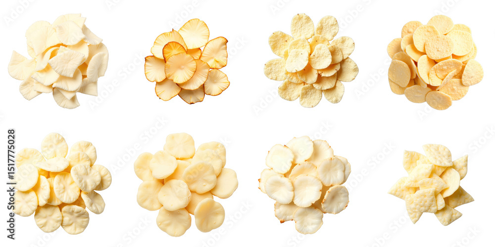 Poster variety of coconut chips displayed in different arrangements on a transparent background, showcasing