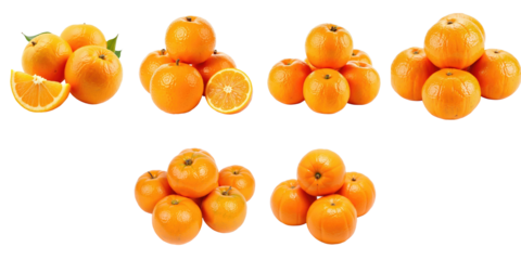 Freshly harvested mandarins arranged in various piles on a transparent background, highlighting vibrant orange color and varied shapes of fruit sections, symbolizing seasonal celebrations.