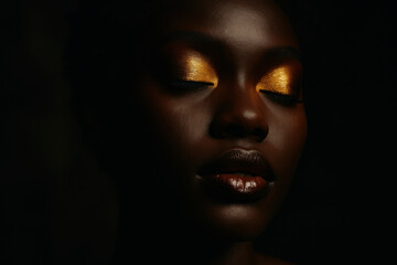 Woman with gold eyeshade.