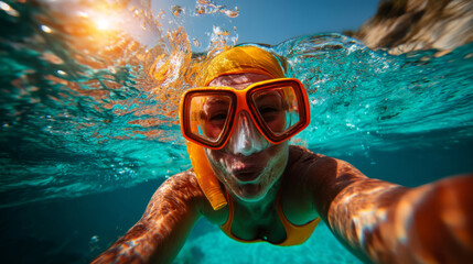 Naklejka premium Woman swimming underwater in tropical sea with snorkel mask and vibrant sunlight reflections