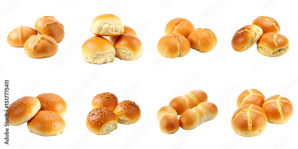 Poster freshly baked crispy bread rolls displayed on a transparent background featuring various shapes and 