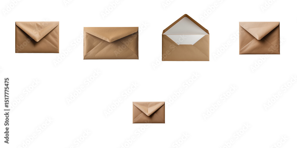 Poster collection of brown envelopes in various sizes and orientations isolated on a transparent background