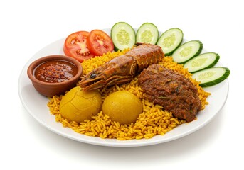 Exquisite Shrimp Biryani Dish with Vibrant Vegetables on a White Plate