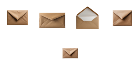 Collection of brown envelopes in various sizes and orientations isolated on a transparent background ideal for promotional and design uses