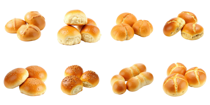 Freshly baked crispy bread rolls displayed on a transparent background featuring various shapes and textures including soft rolls and seeded varieties arranged in a grid format.
