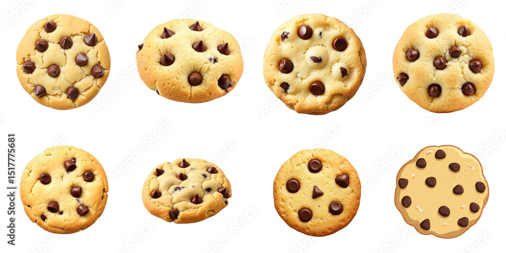 Poster various chocolate chip cookies displayed in a grid format on a transparent background highlighting d