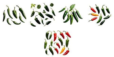 Fototapeta premium variety of fresh green and red peppers arranged on a transparent background showcasing multiple shapes and sizes of chilies with vibrant colors and sheen
