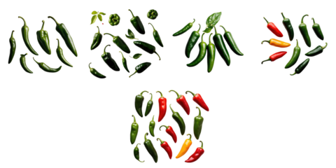variety of fresh green and red peppers arranged on a transparent background showcasing multiple shapes and sizes of chilies with vibrant colors and sheen