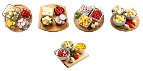 Chopped ingredients including chilies, onions, garlic, and assorted vegetables in containers arranged on wooden cutting boards isolated on a transparent background