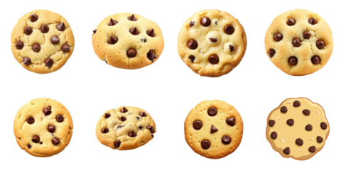 Various chocolate chip cookies displayed in a grid format on a transparent background highlighting different designs and chocolate chip placements