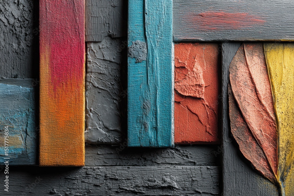 Aufkleber colorful wooden planks and autumn leaf, representing rustic texture and seasonal change for backgrou