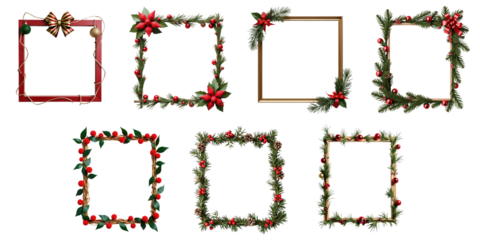Set of decorative Christmas frames featuring festive elements like bows, poinsettias, holly, and ornaments isolated on a transparent background suitable for holiday-themed designs