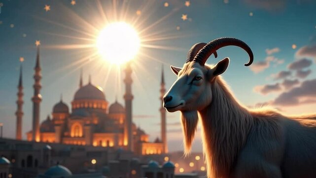 Goat at Sunset with Mosque Silhouette for Eid al-Adha Theme&nbsp;- Video Footage