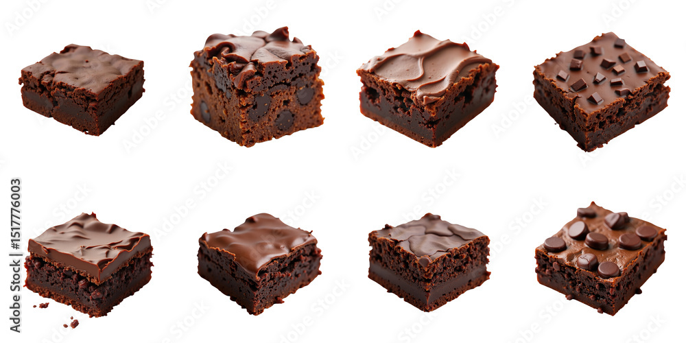 Poster various chocolate brownies arranged in a grid pattern, each with unique textures and toppings, isola