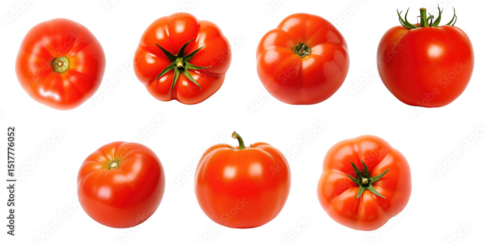 Poster variety of fresh red tomatoes displayed isolated on transparent background showcasing different shap