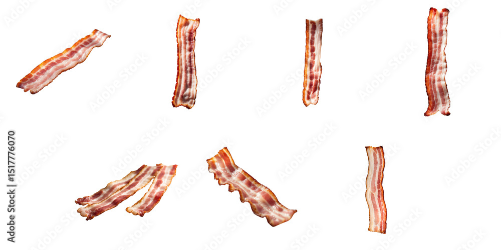 Poster assorted slices of cooked bacon arranged in various orientations on a transparent background showcas